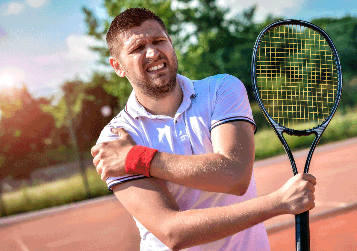 Tennis player holding his right shoulder